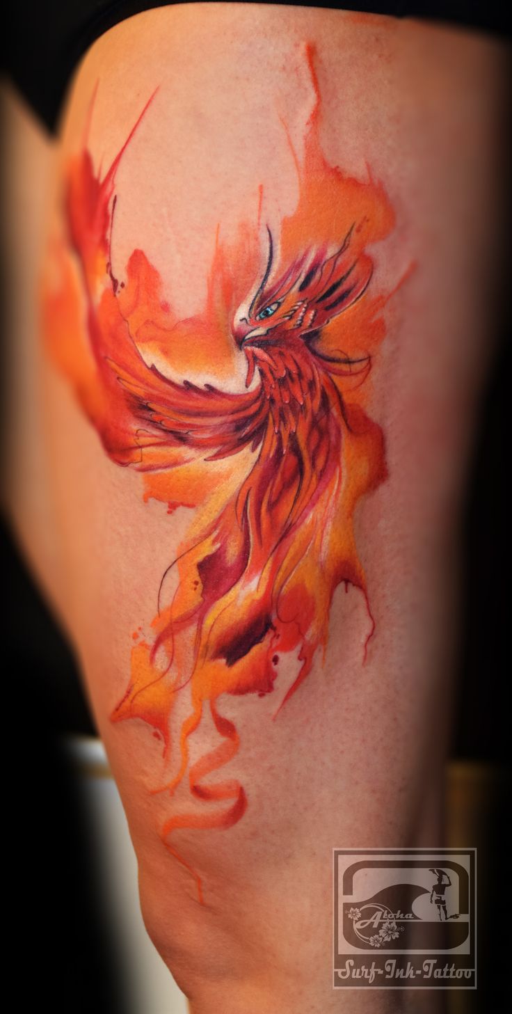 Orange watercolor Phoenix Tattoo on thigh
