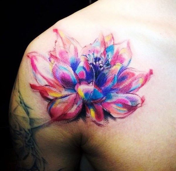 Pink And Blue Lotus Tattoo On back Shoulder