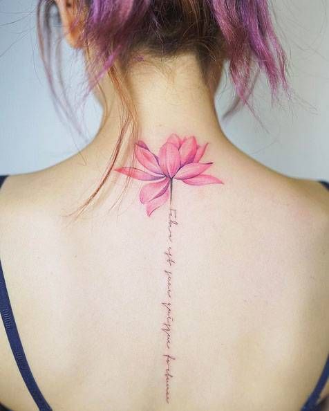Pink Lotus Flower with Text Tattoo On back