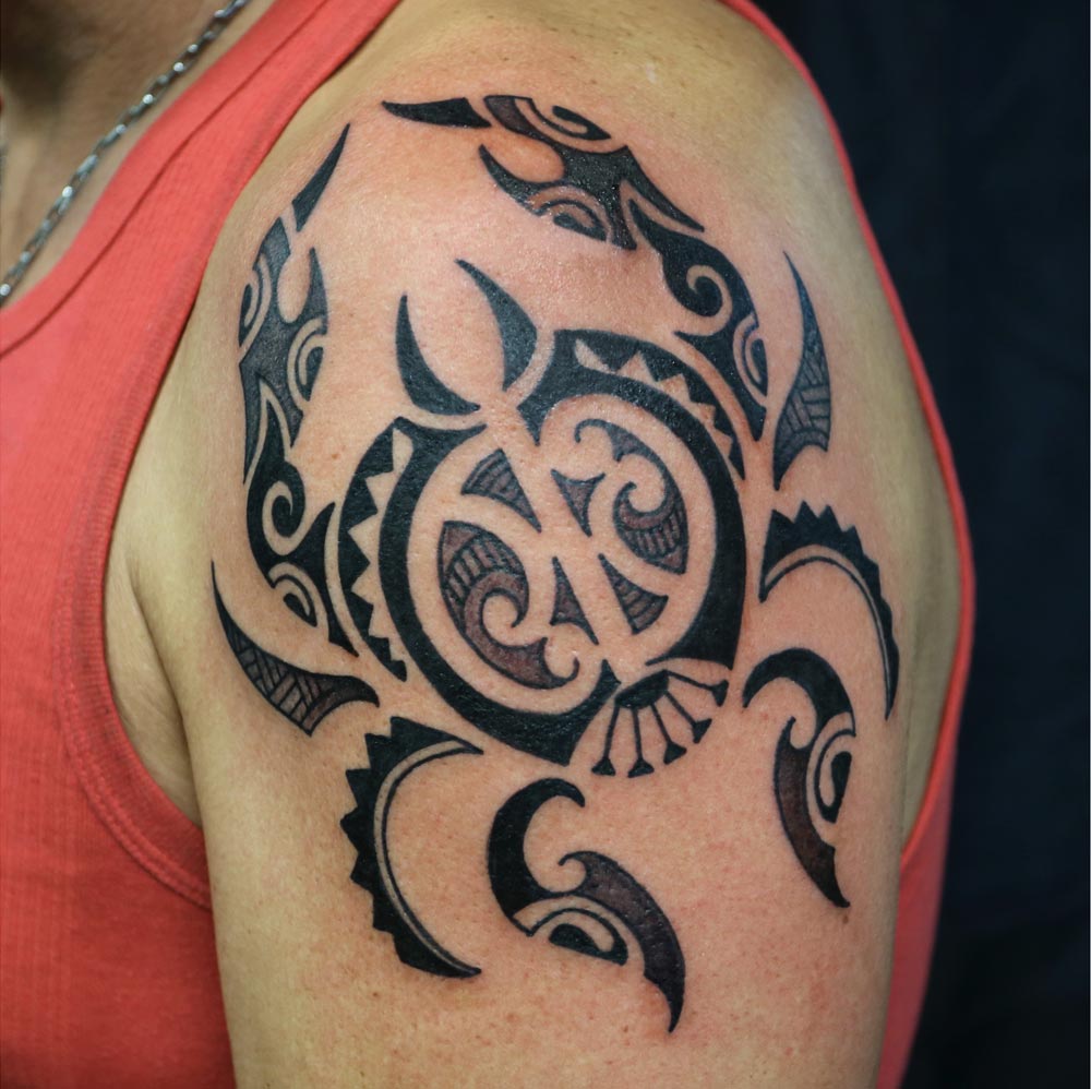 Polynesian Crab Tattoo On Upper Sleeve