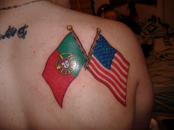 Portuguese And USA Flags Cross Tattoo On Right Back Shoulder