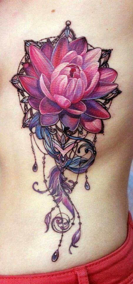 Pretty Pink Dreamcatcher Lotus Tattoo On Side Rib Cage