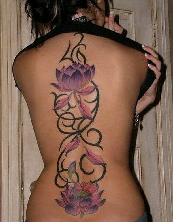 Purple And Pink Lotus Tattoo On Full Back