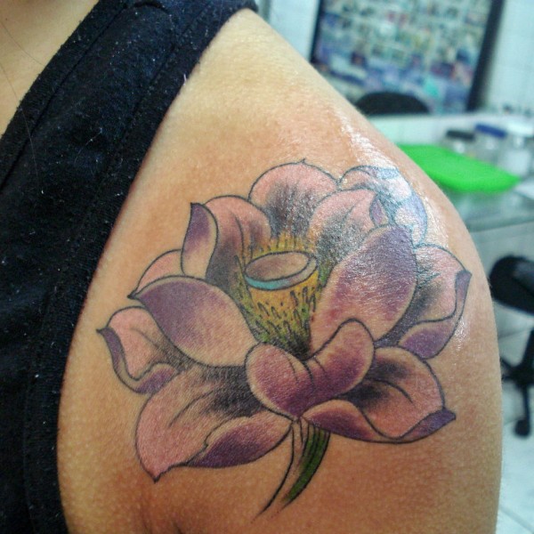 Purple Classic Lotus Tattoo On Shoulder