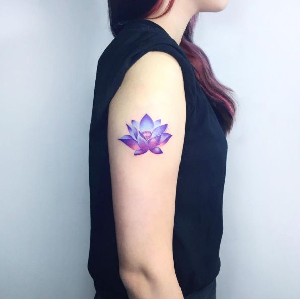 Purple Lotus Tattoo On Upper Sleeve