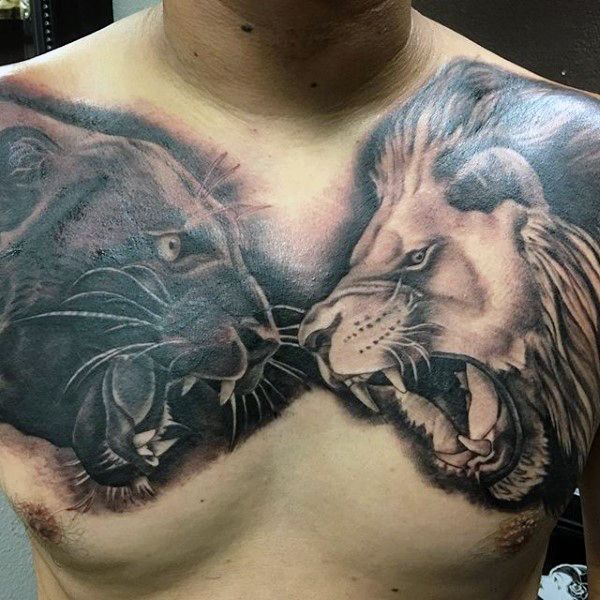 Raoring Lion And Jaguar – Big Cat Chest Tattoo For Men