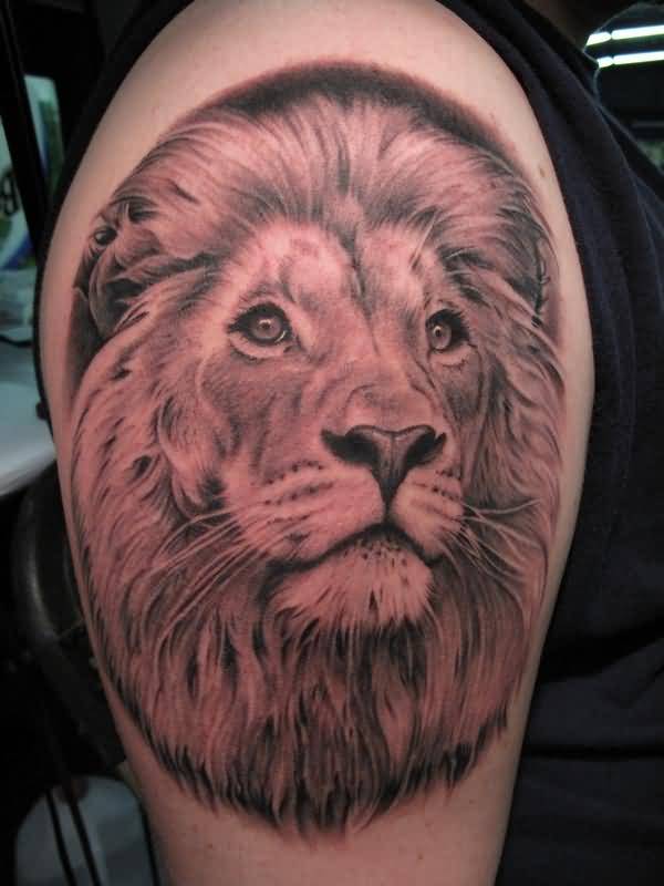 Real Face Lion Tattoo On Bicep