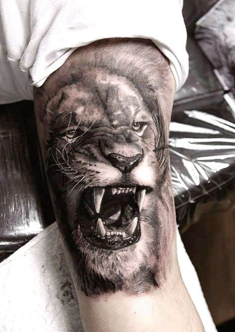 Realistic Angry Lion Tattoo On Half Sleeve