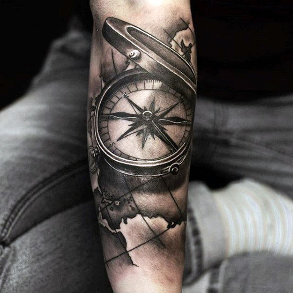 Realistic Compass and Map Composition Travel Tattoo on Arm