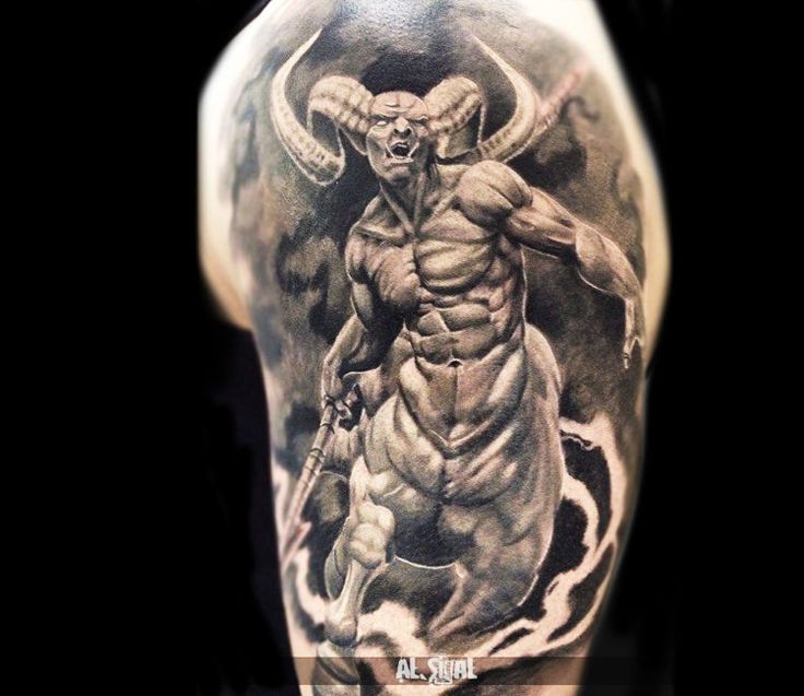 Realistic Dark Demon Tattoo On Half Sleeve by Alexander Romashev