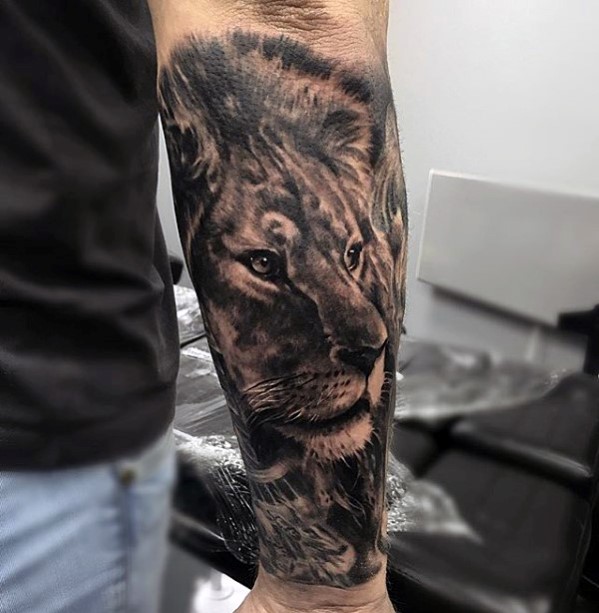Realistic Lion Tattoo On Forearm