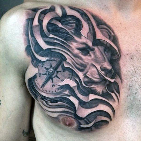 Realistic Lion and Compass Tattoo on Chest For Men