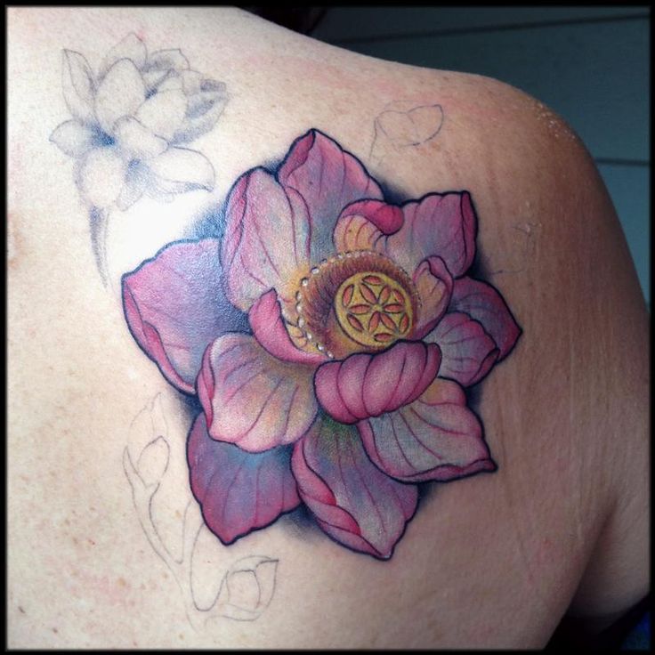 Realistic Lotus Tattoo On Upper back