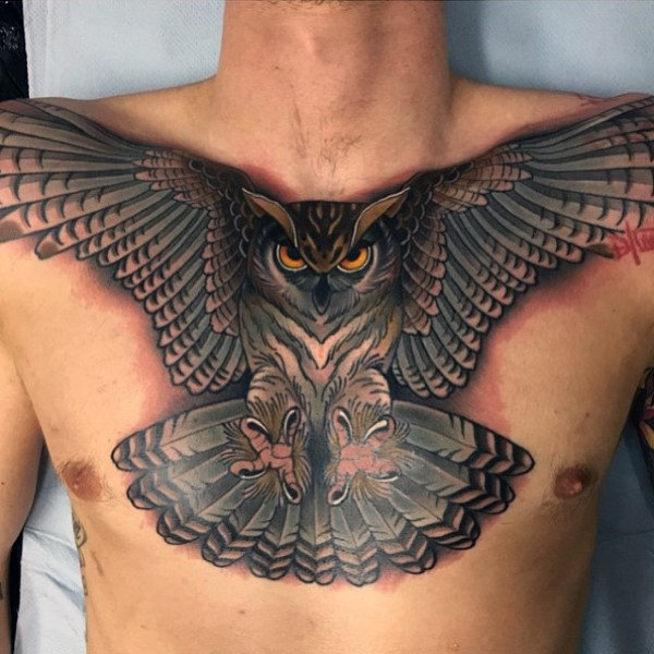 Realistic Owl Chest Tattoo For Men