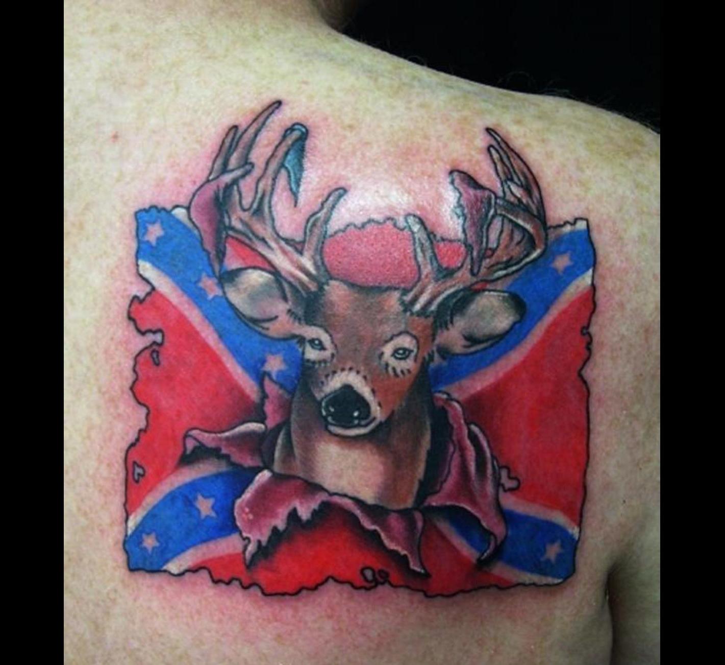 Rebel Flag With Buck Tattoo On Back Shoulder