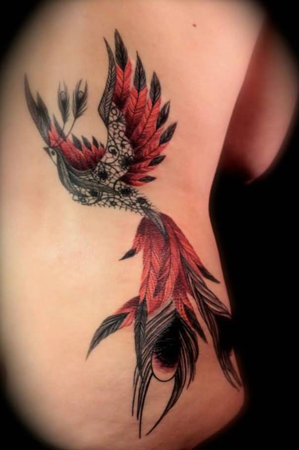 Red And Black Flying Phoenix Tattoo On Side riB