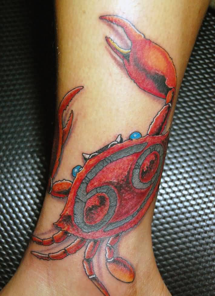 Red And Blue Crab Tattoo On Leg