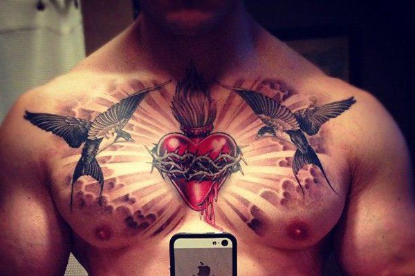 Red Heart in Barbed Wire With Black Birds Tattoo on Chest For Men