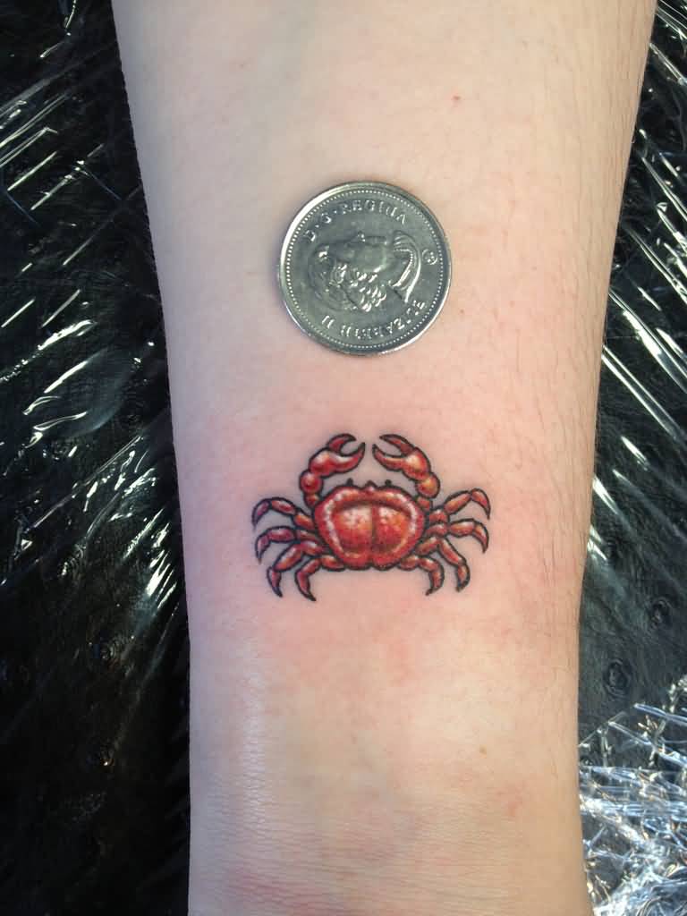 Red Small Crab Tattoo On Leg