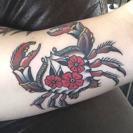 Red flowers And Crab Tattoo Design idea