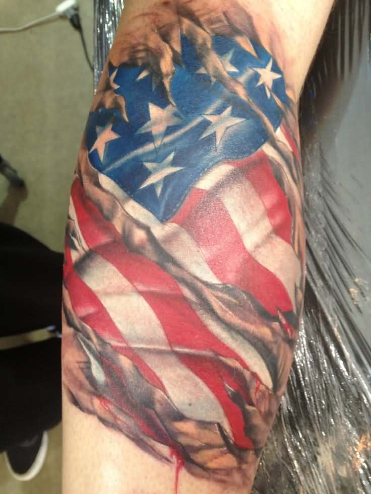Ripped Flag Tattoo On Leg Calf