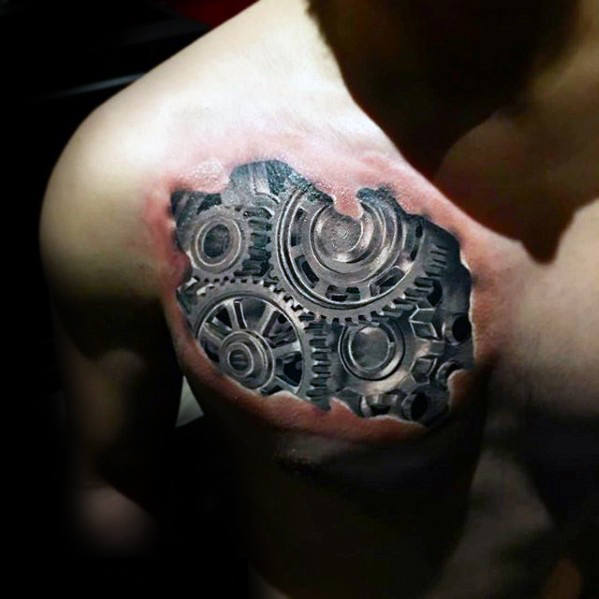 Ripped Skin 3D Realistic Gears Tattoo on Chest For Men