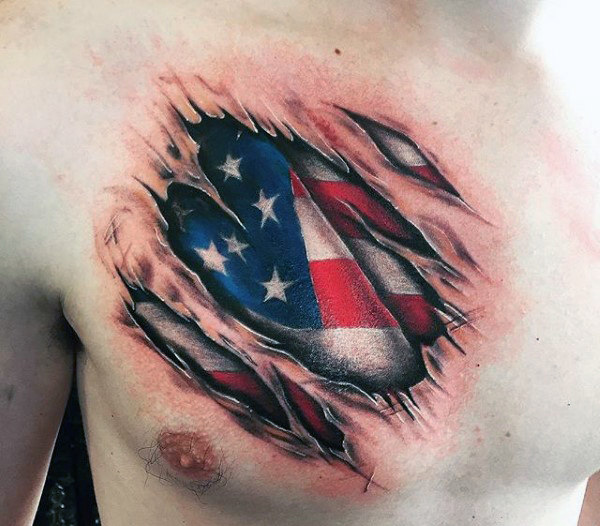 Ripped Skin American Flag Tattoo On Chest