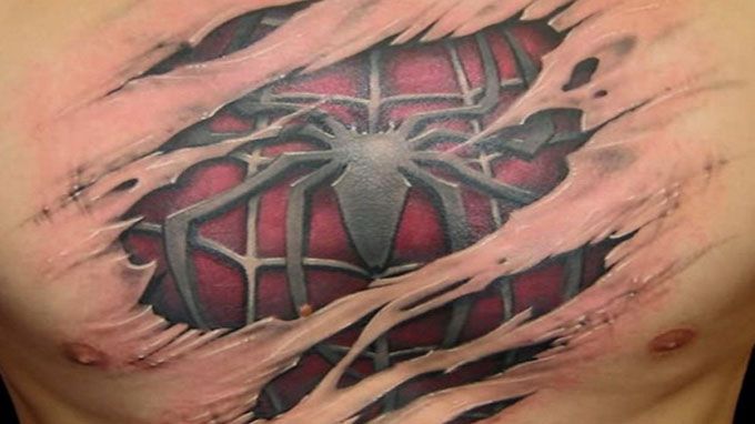 Ripped Skin Spiderman Chest Tattoo For Men