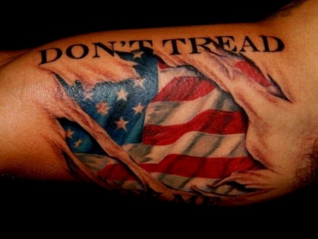 Ripped Skin US Flag With Don’t Tread Text Tattoo On Bicep