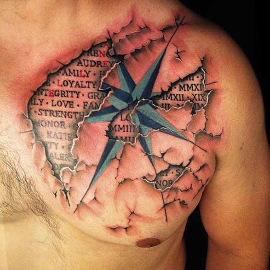 Ripped Skin Wording & Nautical Star Tattoo On Chest For Men