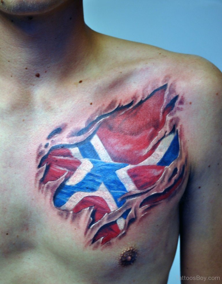 Ripped USA Flag Tattoo On Left Chest