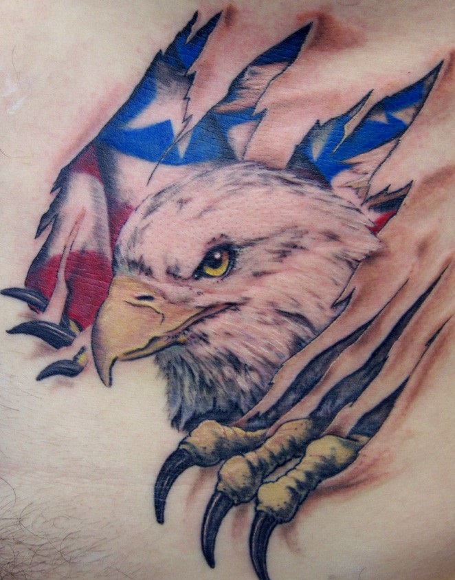 Ripping Skin USA Flag And Eagle Face Tattoo