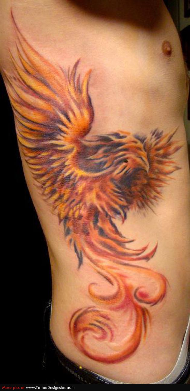 Rising Orange Phoenix Tattoo On Side rib