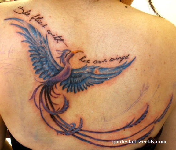 Rising Phoenix With Text Tattoo On Back