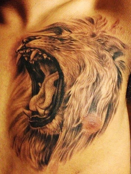 Roaring Lion Face Tatttoo On Chest