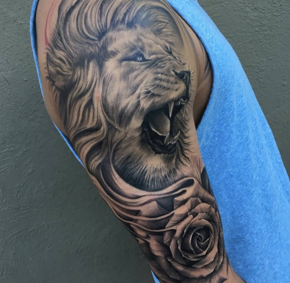 Roaring Realistic lion And Rose Flower Tattoo On Full Arm