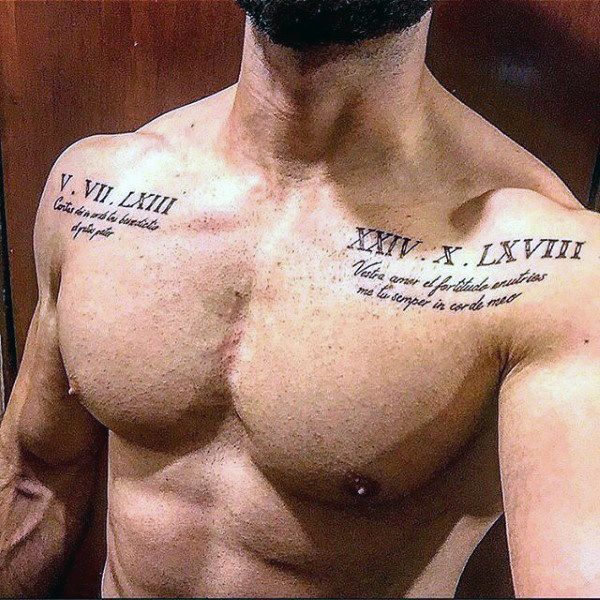 Roman Numeral Mens Upper Chest Tattoo With Quote