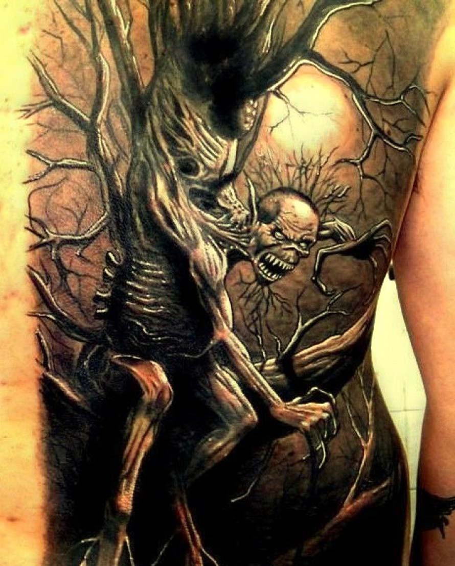 Scary Dark Demon Tattoo On Whole Back