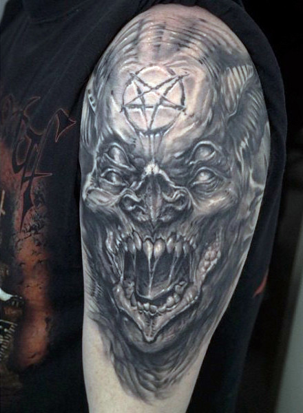 Scary Dark Grey Roaring Demon Tattoo On Man Shoulder & Half Sleeve