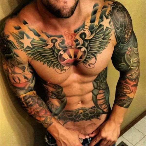 Sexy Large Chest Tattoo With Wings, Stars & Fire