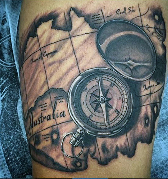 Shaded Compass With Australian Map Travel Tattoo