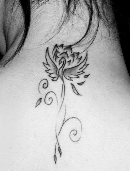 Small Phoenix Lotus Tattoo On Back neck
