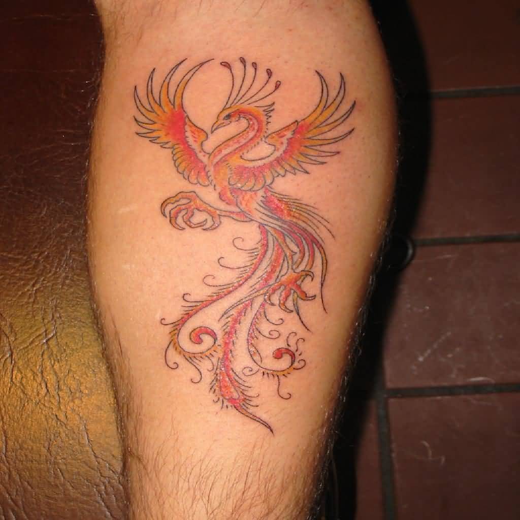 Small Rising Phoenix Tattoo On Leg Calf