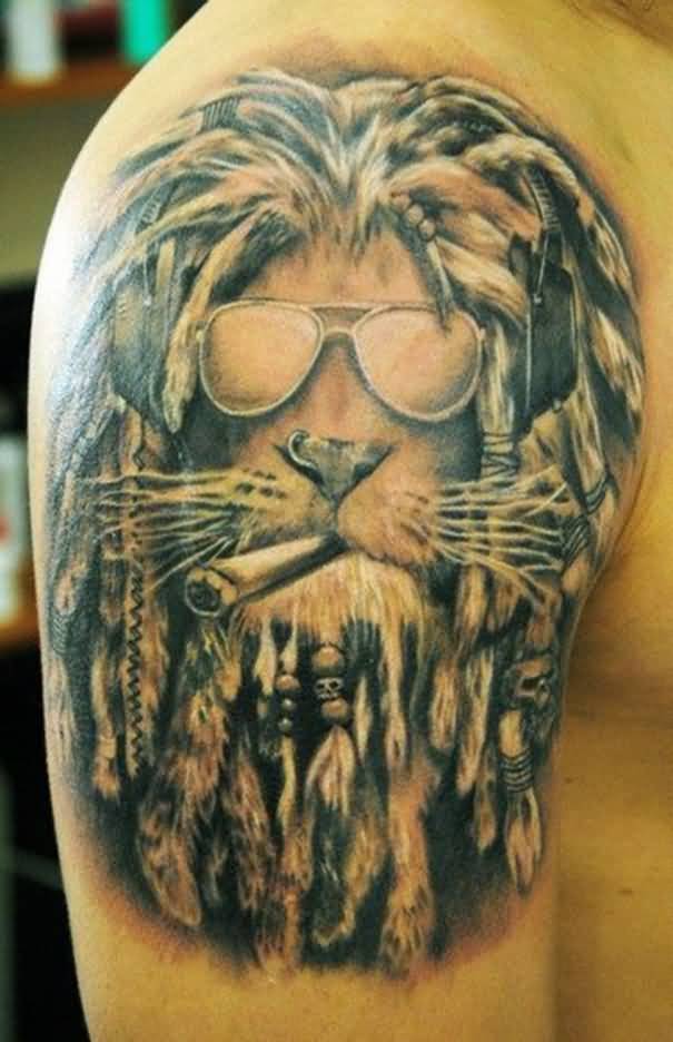 Smoking Lion With glasses Tattoo On Bicep