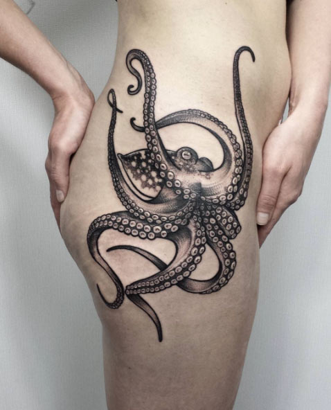 Stunning Black & Grey Octopus Tattoo by Magdalena Hipner