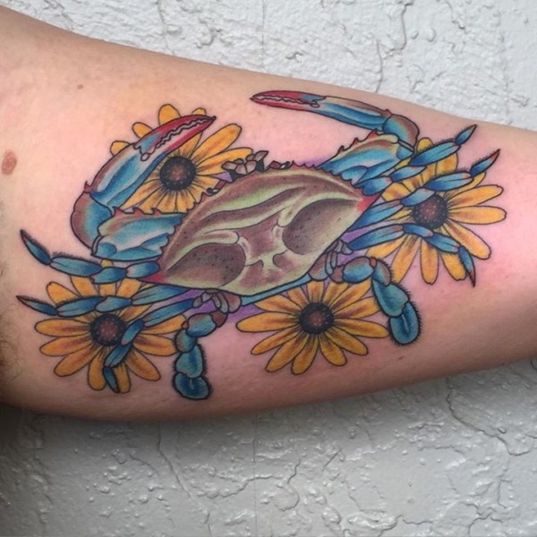 Sun Flowers And Crab Tattoo On Leg