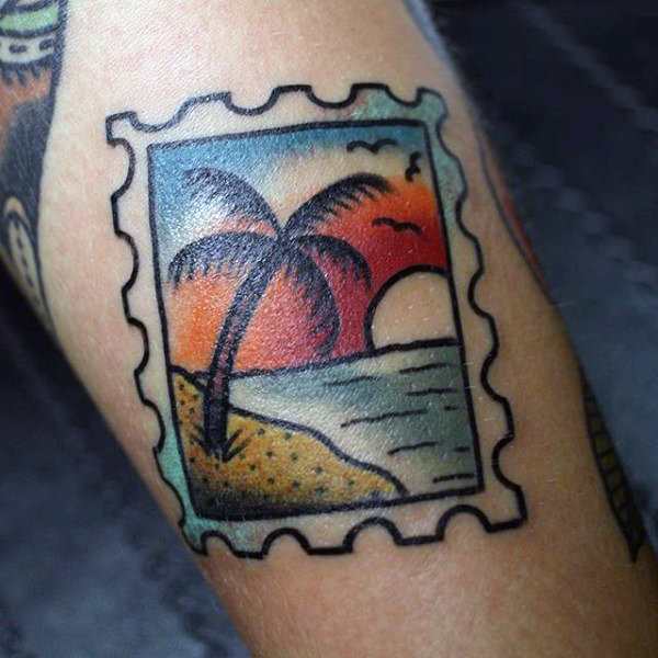 Sunset Beach with Palm Tree Postal Stamp Travel Tattoo