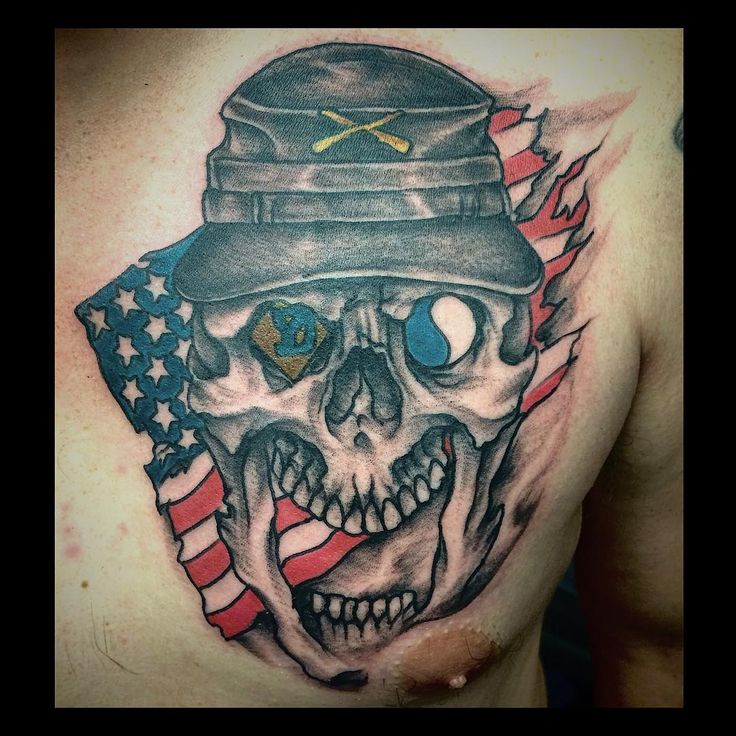 Tattered Flag And Skull Tattoo On Chest