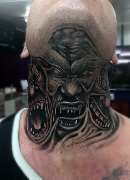 Three Scary Black & Grey Demon Tattoo On Neck