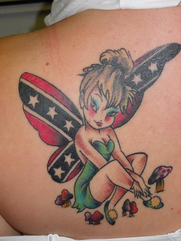 Tinkerbell With Rebel Flag Wings Tattoo On Back Shoulder